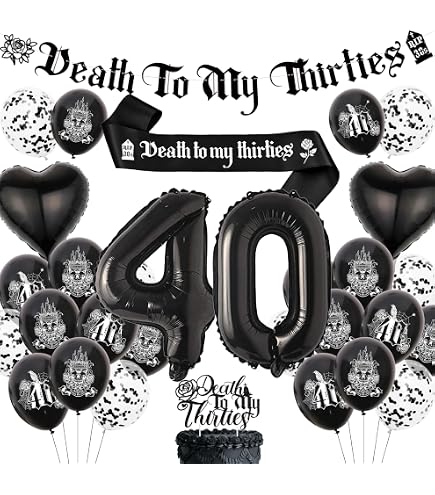 „Death To My 30s“-Deko-Set – Schwarze 40. Geburtstagsdeko Mit Banner, Tortenaufsatz, Schärpe & Ballons