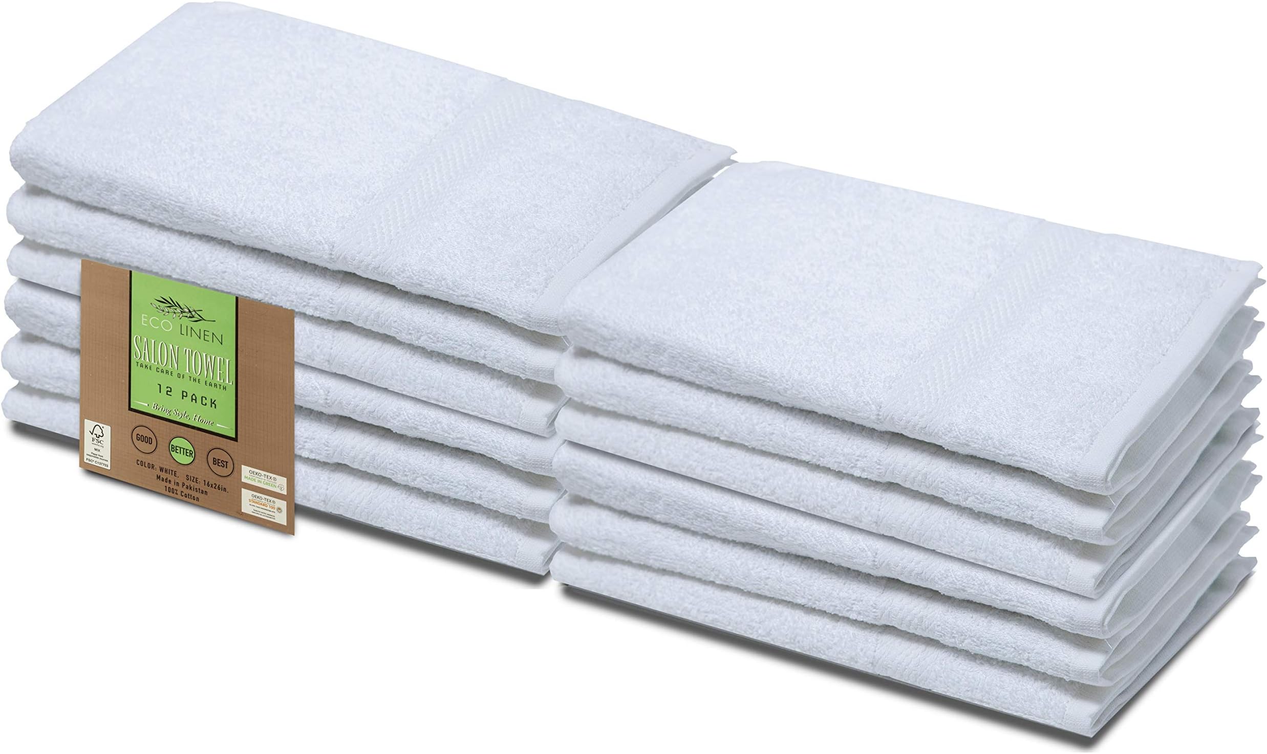 Eco Linen Cotton Salon Towels - Gym Towel Hand Towel - (12-Pack, White) - 16 x 26 inches - Organic Cotton, Maximum Softness and Absorbency, Easy Care