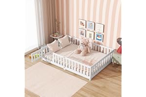 A ALFRESCOOL Full Size Montessori Floor Bed with Safety Fence & Convertible Door, Pine Wood Toddler Floor Bed Frame with Support Slats and Full-Length Guardrails for Kids Girls Boys (White)
