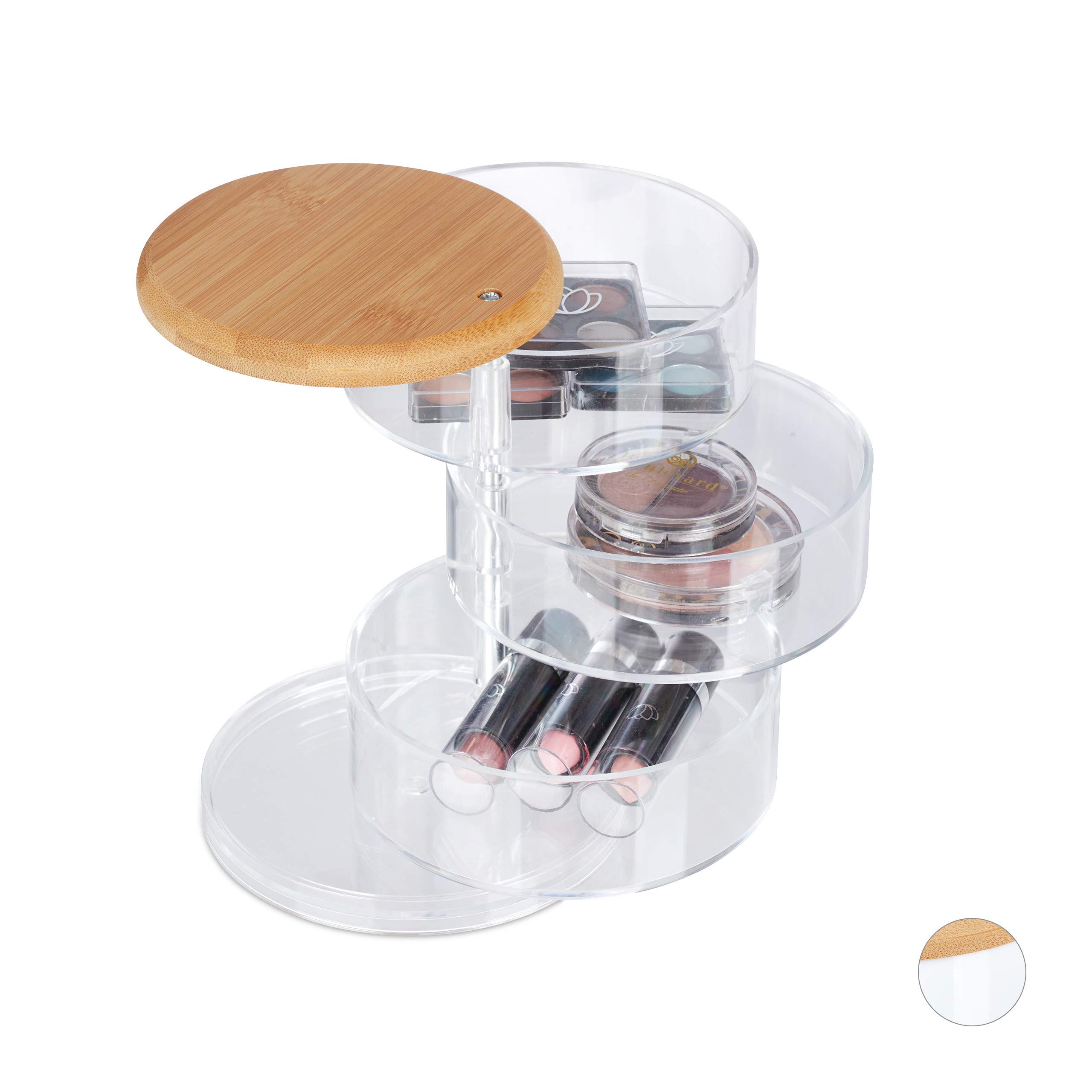 Relaxdays Make Up Organiser, 3 Rotating Levels, for Cosmetics & Jewellery, Make-up Storage Box, Bamboo, Plastic, Clear