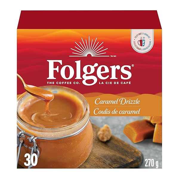 FOLGERS CARAMEL DRIZZLE FLAVOURED COFFEE, SINGLE-SERVE K-CUP PODS FOR KEURIG COFFEE MAKERS, 30 COUNT