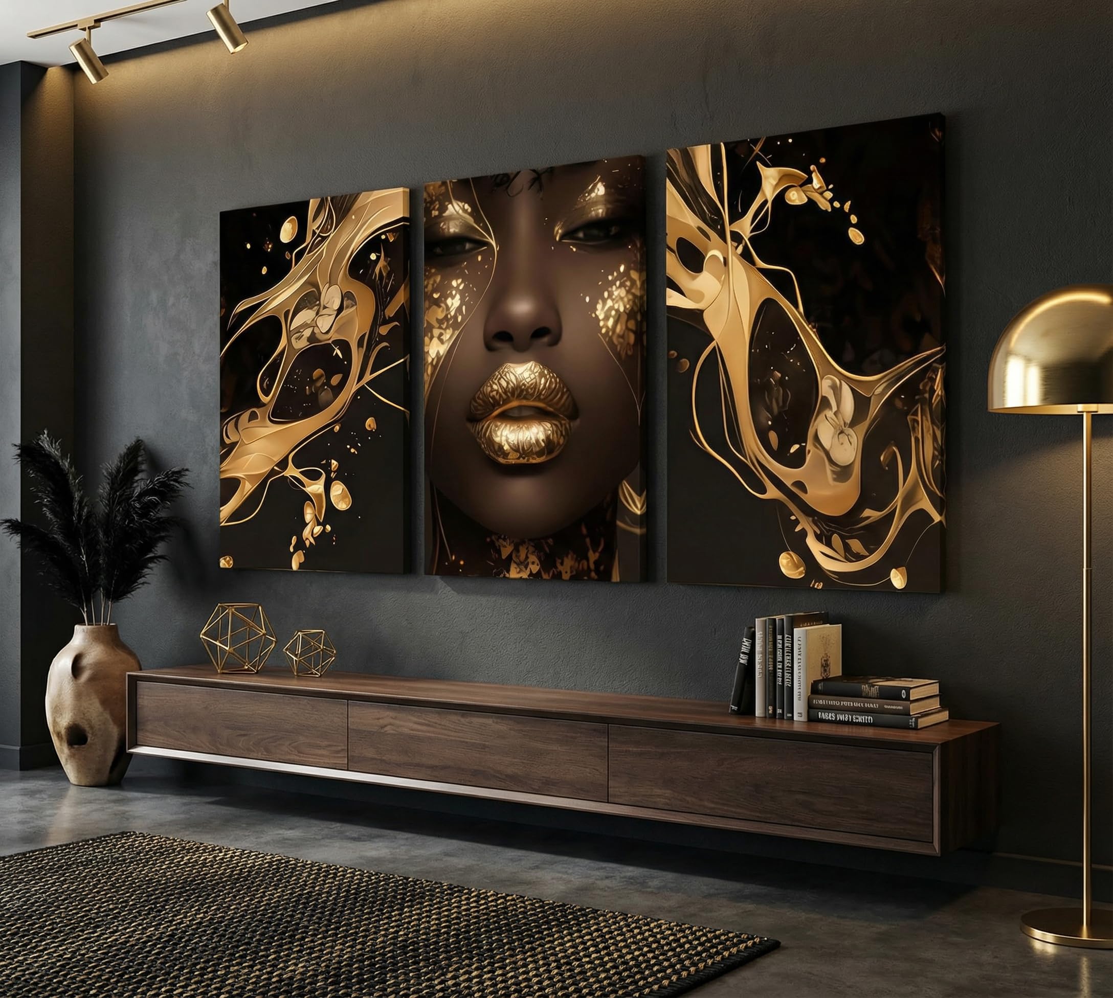 Condition photo showing New/Like New for 3 pcs black gold woman canvas wall art african american black girl wall decor pictures abstract blac