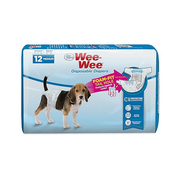 FOUR PAWS WEE-WEE SUPER ABSORBENT DISPOSABLE ADJUSTABLE DOG POTTY TRAINING DIAPERS, LEAK-PROOF PROTECTION FOR PUPPIES AND MEDIUM DOGS, EXTRA SMALL, 12 COUNT