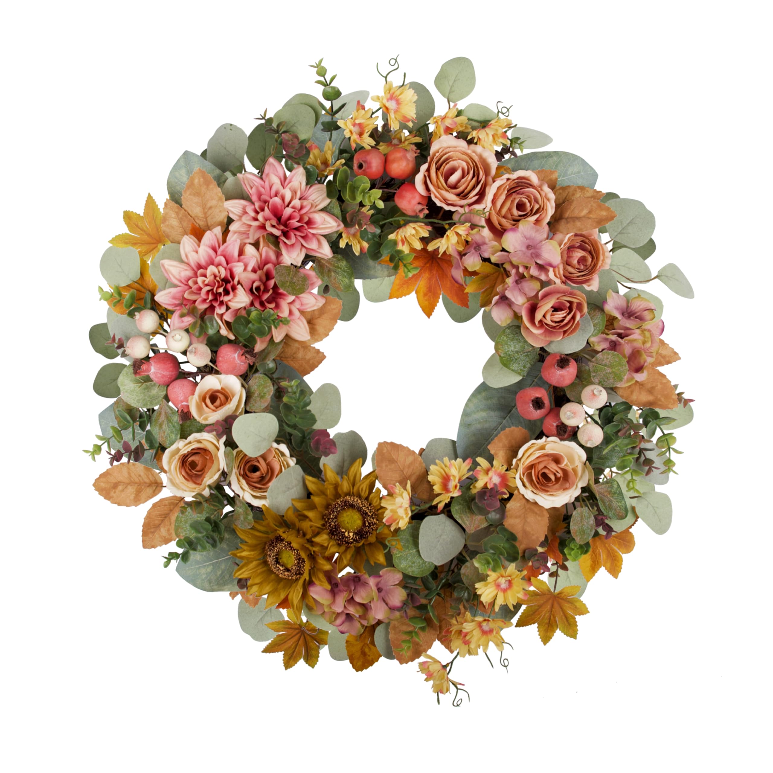 Photo 1 of 24" Fall Wreath for Front Door, Handmade with Faux Dahlia Camellia Sunflower Eucalyptus Maple Leaf Small Pomegranate, Fall Decor for Home Farmhouse Door Wall Window
