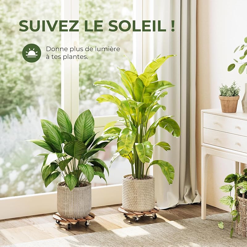 Porte Plante a Roulettes, Support Plante Interieur avec Roulettes, Lot de 2 Supports Plantes Interieur 30,5 cm, Capacite 100 KG pour Interieur Exterieur, Marron Fonce