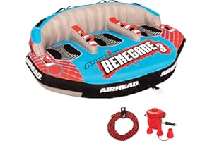 Airhead AHRE-503 Renegade Big 3 Person Inflatable Towable Water Tube Seat Rider Boating Tubing Kit with Boat Pull Rope and Pump for Kids and Adults