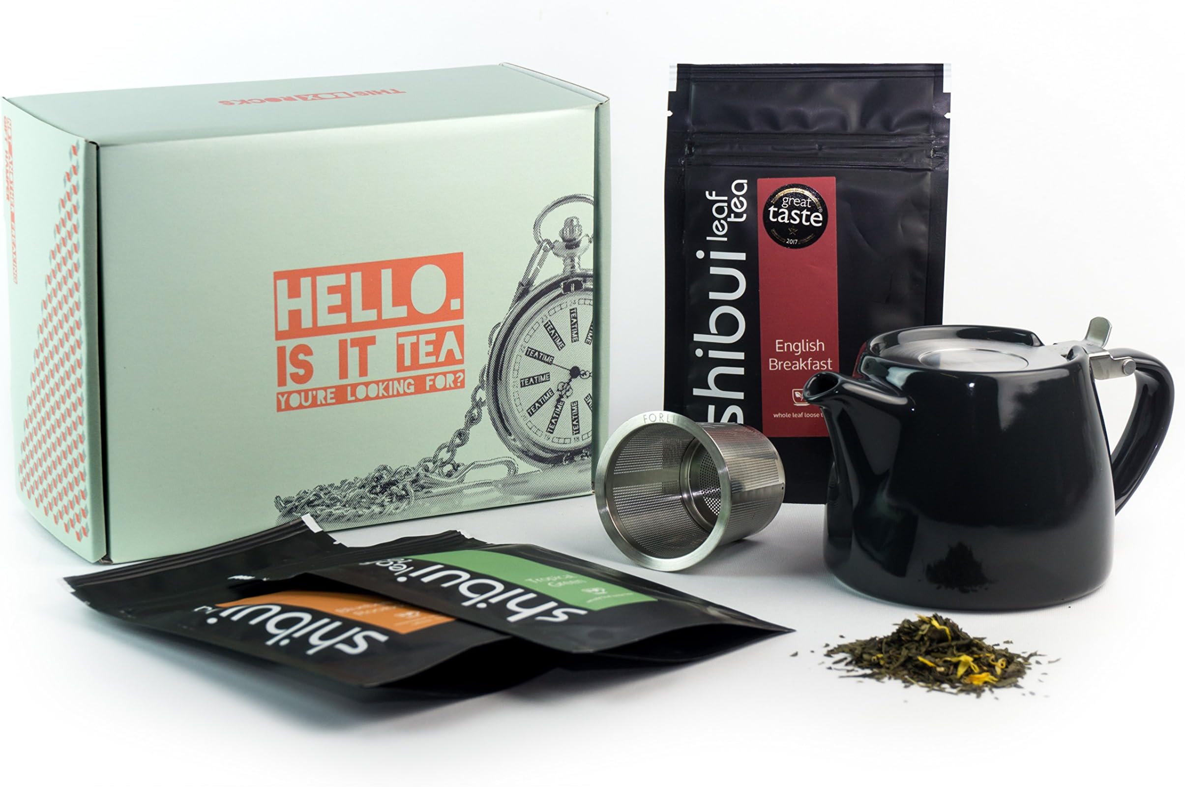 Tea Gift Set with Infuser Teapot and 3 Bags of Assorted Loose Leaf Tea - Unique Birthday Gift for Him or Her