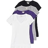 4 Pack Zenana Women's Basic V-Neck T-Shirts Small Black, White, H Gray, Purple