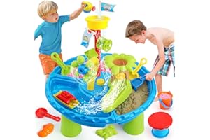 Mini Tudou 3 in 1 Sand Water Table for Toddlers 1-3,Kids Water Table Sandbox Outdoor Summer Beach Toys with Water Wheel,Bucket, Shovel 31PCS Water Table Accessories for Toddlers Kids Boys Girls