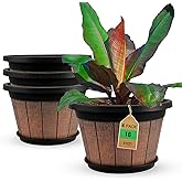 Quarut Large 4 Pack 16 inch Plant Pots,Whiskey Barrel Planters with Drainage Holes & Saucer,Plastic Decoration Flower Pots Retro Design,Planters for Outdoor Indoor Garden Balcony Plants (Brown)