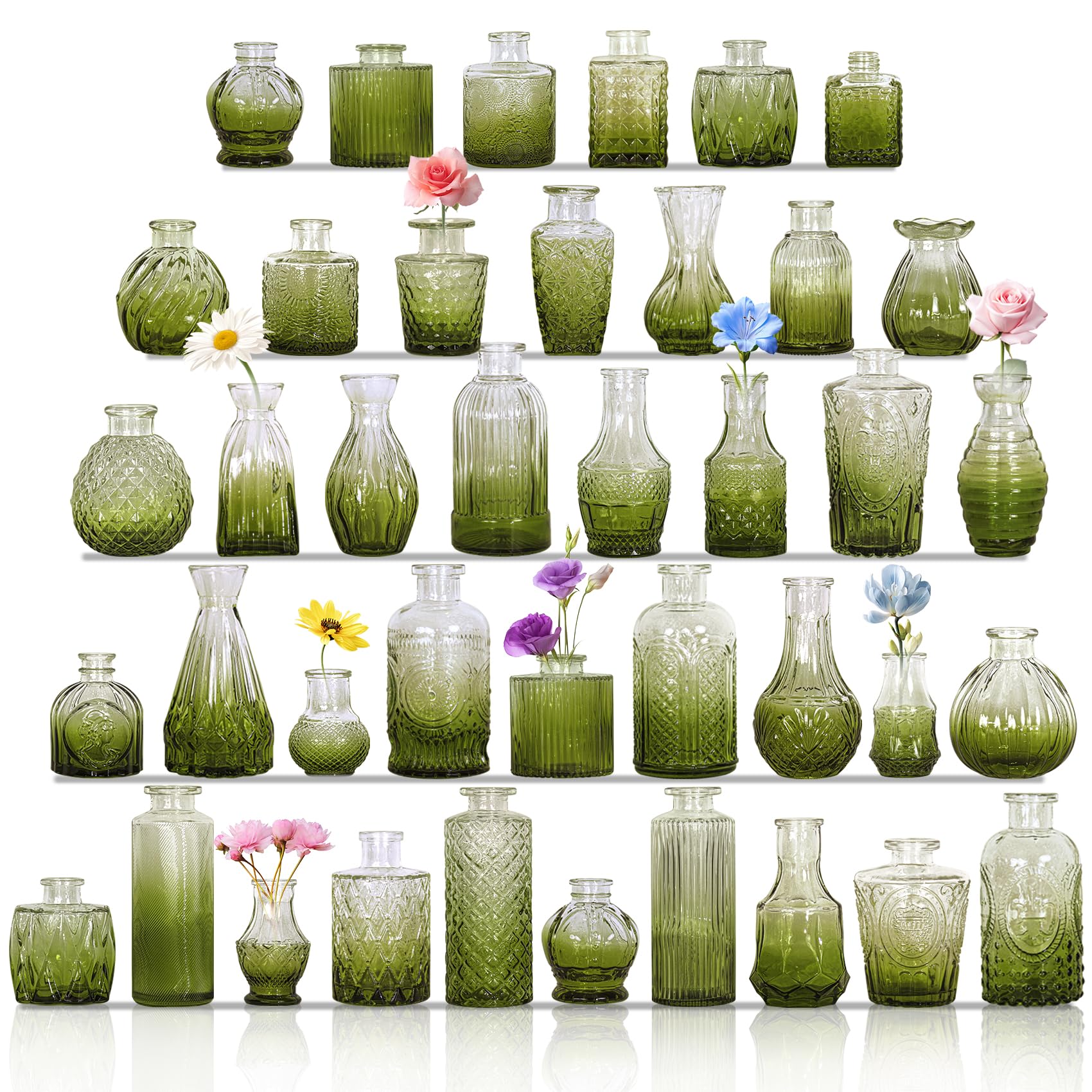 Photo 1 of Set of 40 Glass Bud Vases, Small Green Glass Vases in Bulk, Mini Vintage Embossed Flower Vase for Wedding, Centerpieces, Birthday Party, Baby Shower, Home Table Decorations (Green)