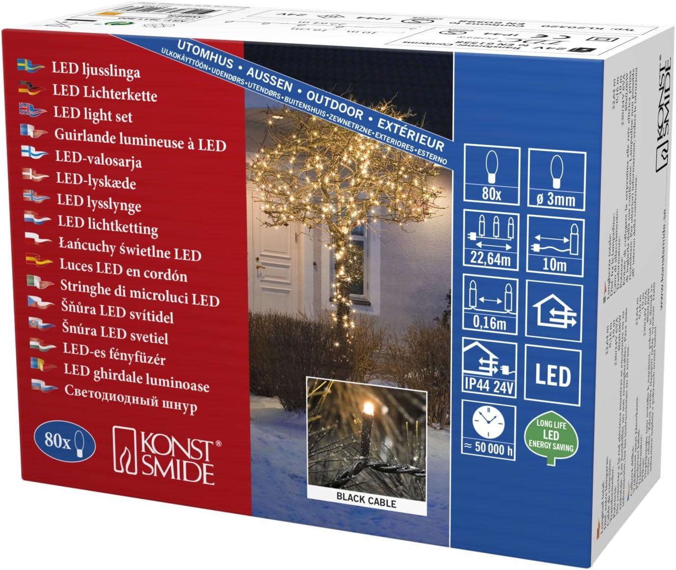 Konstsmide Christmas Lights/LED Fairy Lights/Christmas Tree Lights Outdoor or Indoor (IP44)/24V Transformer Plug In/80 Amber White Diodes/Black Cable String Lights