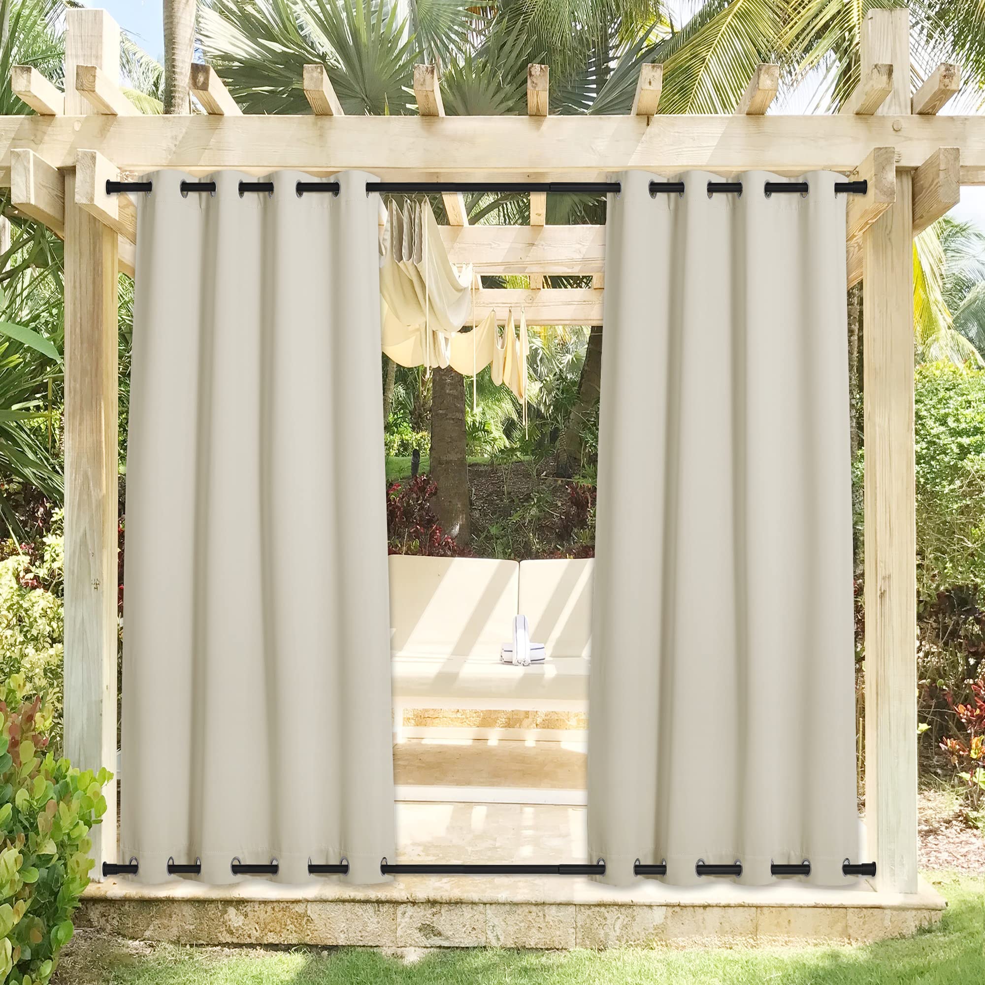 Photo 1 of NICETOWN 2 Panels Weighted Blackout Curtains Waterproof & Windproof, Thermal Insulated Room Darkening Top & Bottom Grommet Fixed Drapes Keep Privacy for Cabana/Porch, Beige, W52 x L84