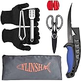 YLINSHA Fishing Knife, Fish Cleaning Kit 7 PC Set with Fish Knife, Fish Scale Cleaning Brush, Multi-Functional Scissors, Anti-Cutting Gloves, Fishbone Tweezers, Storage Bag