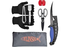 YLINSHA Fishing Knife,Fish Cleaning Kit 7 PC set Fish Knife, Fish Scale Cleaning Brush, multi-functional Scissors, anti-cutting Gloves, Fishbone Tweezers, storage Bag