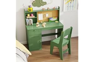 FTZxHKLX Kids Study Desk with Chair, Children Wooden Study Table with Hutch & Storage Cabinet, Kids Desk Chair Set for 5-12 Years Old, Student Writing Table Computer Workstation for Boys, Green