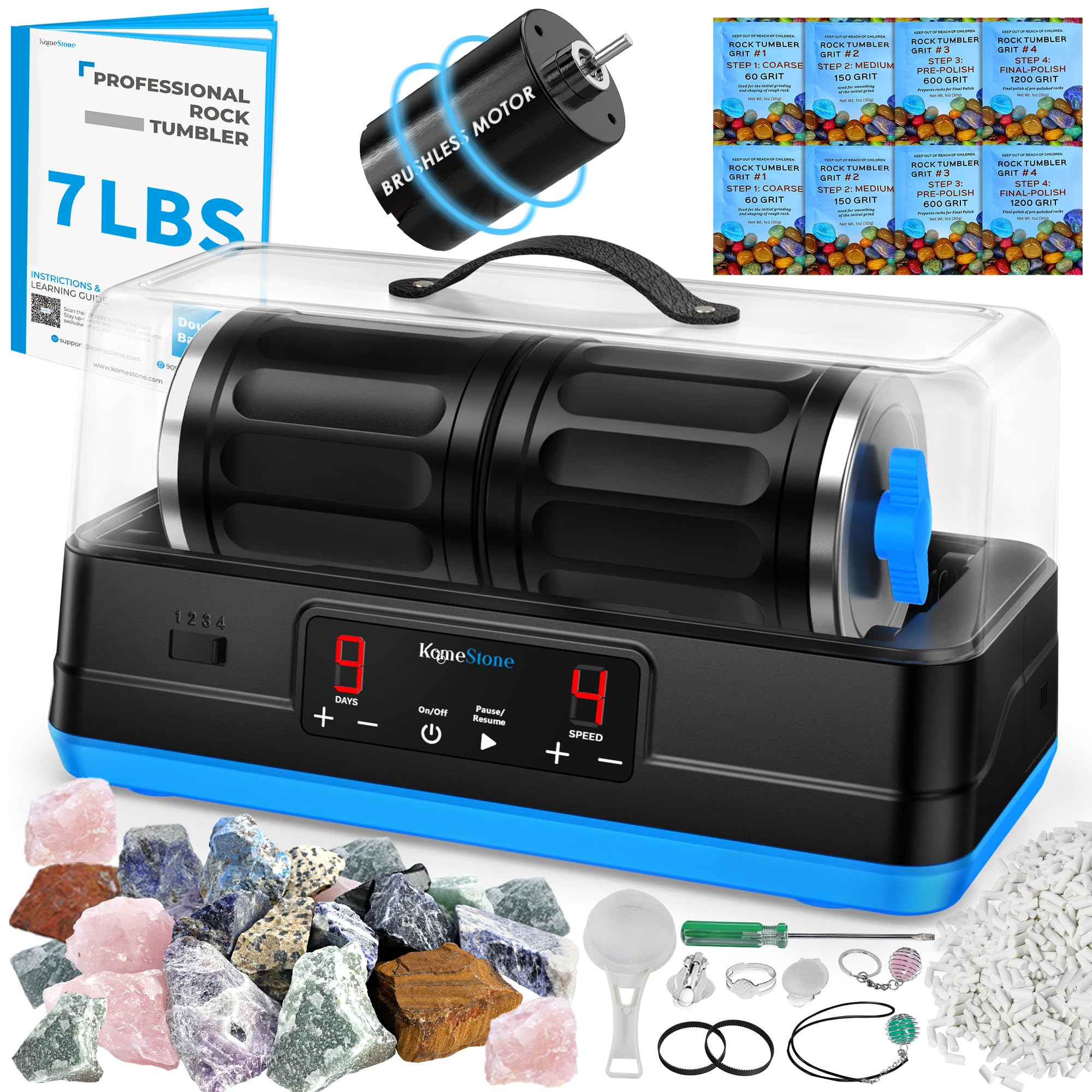 Photo 1 of KomeStone Ultra Quiet Brushless Rock Tumbler Kit – 7lb Capacity Dual-Barrel with Noise-Cancelling Cover, Up to 6× Quieter, Include All Accessories, Professional Rock Polisher for Adults & Gift Giving