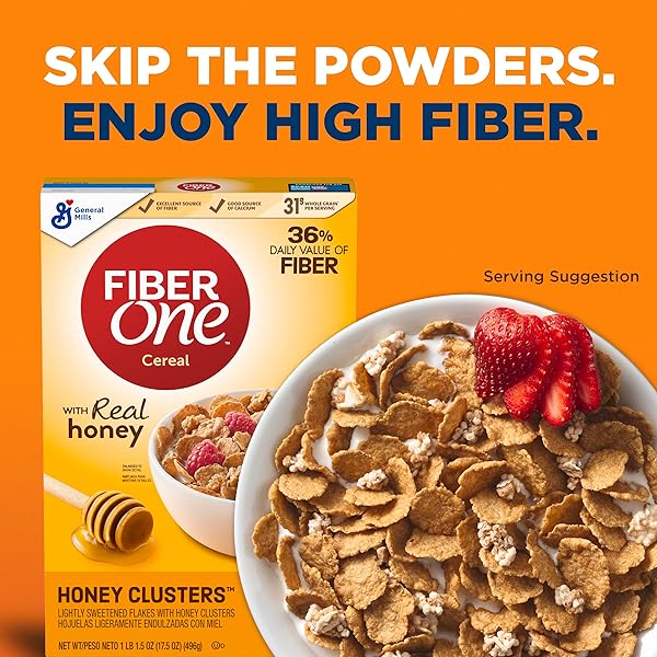 FIBER ONE HONEY CLUSTERS BREAKFAST CEREAL, FIBER CEREAL MADE WITH WHOLE GRAIN, 17.5 OZ