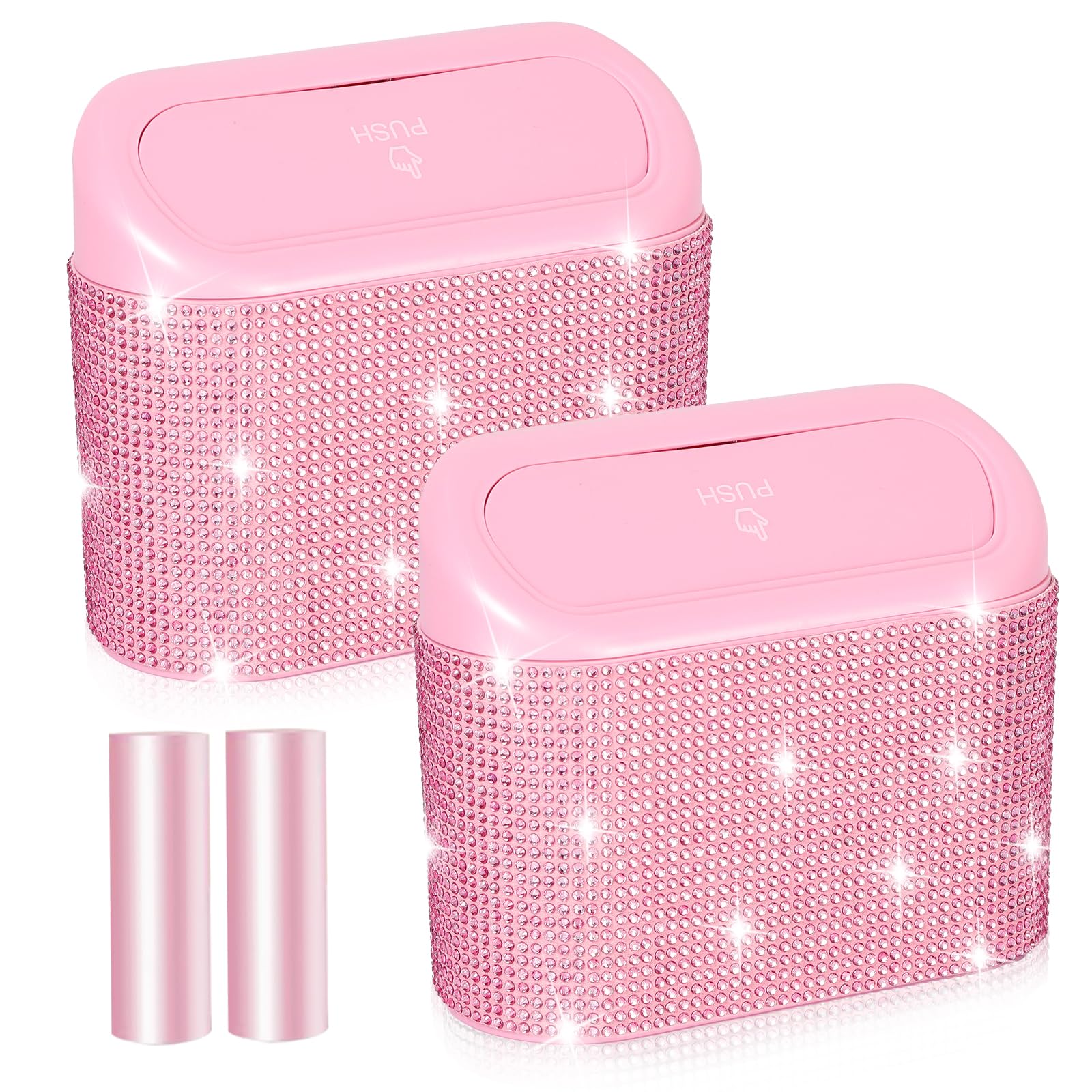 Photo 1 of NBTEPEM Bling Pink Car Trash Can with Lid - 2 Pack, Mini Auto Garbage Can with 60 Trash Bags, Automotive Garbage Container Bin, Bling Car Accessories Trash Can for Women (Pink Diamond)