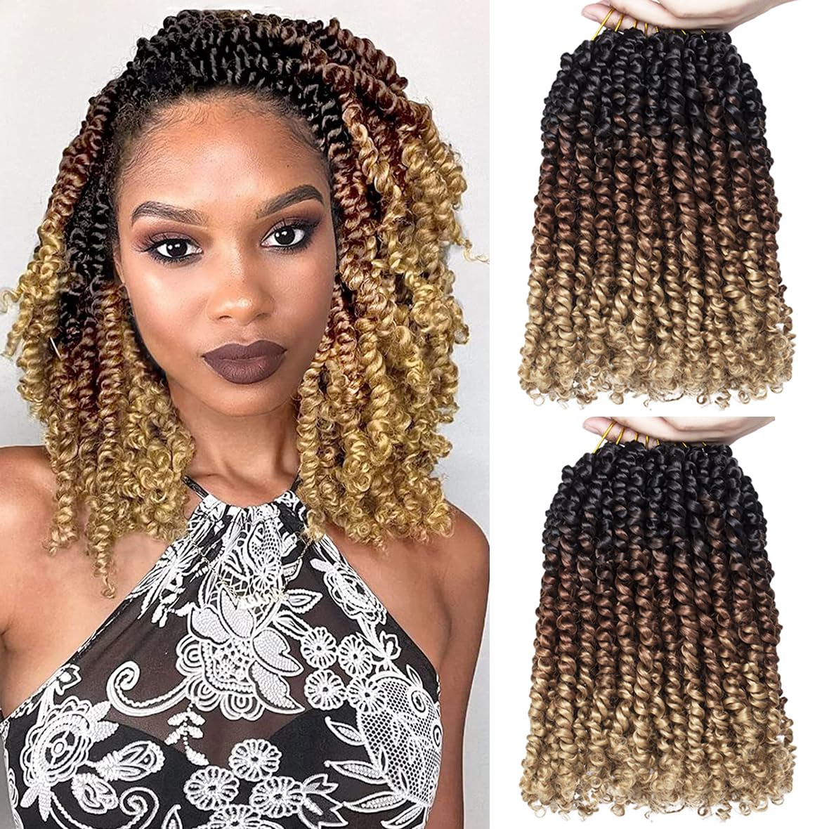 Leeven 8 Inch Pre Twisted Passion Twist Crochet Hair Natural 8 Packs Pre-looped Water Wave Braiding Hair Ombre Brown Crochet Braiding Extensions 1B3027#