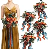 Ling's moment Artificial Flowers Teal and Orange Bridesmaid Bouquet Set of 4, Wedding Flowers Bouquets for Bridesmaids, 7 Inch Bridal Bouquets for Bridesmaids, Wedding Decor, Ceremony, etc