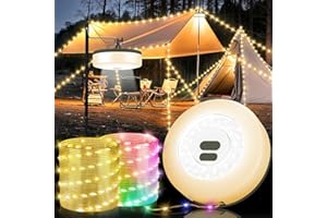 UGDLUCK Camping String Lights, 4 in 1 Quick Storage Camping Essentials Gear 32.8FT Rechargeable Tent Lights with 9 Modes Hanging Waterproof LED Camp Lamp for Hiking Patio Awning Garden Halloween Xmas Festival