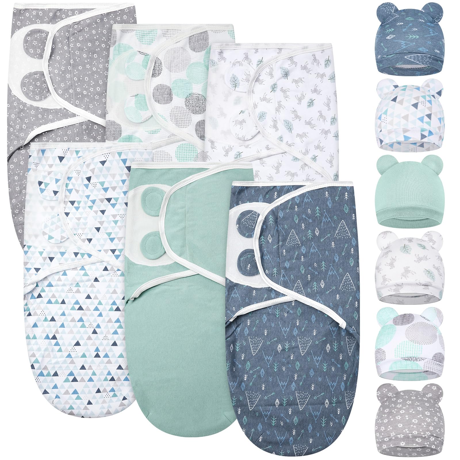 Photo 1 of Ramede 6 Pack Baby Swaddle Blanket with Hats Sleep Swaddle for 0-3 Months Newborn Sacks Soft Cotton Wearable for Boy Girl(Blue,Groovy)