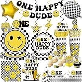 179pcs One Happy Dude Birthday Decorations Include One Happy Dude Plates and Napkins Set, Banner, Hanging, Tablecloth, Cupcake Topper, Balloon, for 1st Birthday Decorations Boy, Serves 25