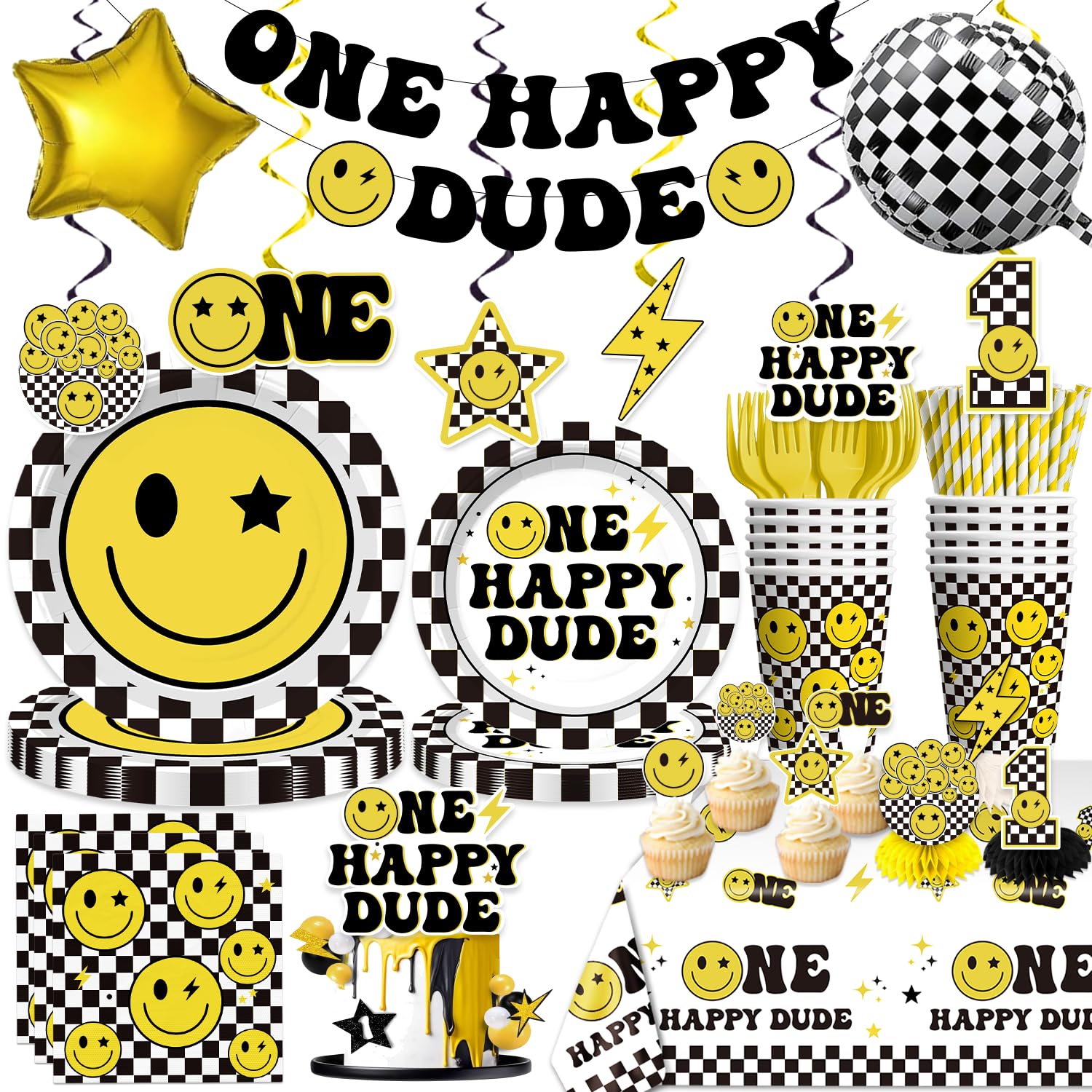 Photo 1 of 179pcs One Happy Dude Birthday Decorations Include One Happy Dude Plates and Napkins Set, Banner, Hanging, Tablecloth, Cupcake Topper, Balloon, for 1st Birthday Decorations Boy, Serves 25