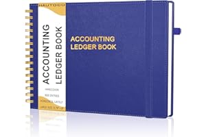 HAUTOCO Hardcover Accounting Ledger Book for Small Business Bookkeeping Horizontal Money Expense Tracker Notebook with 2 Storage Pouch, Personal Columnar Log Journal 10.78 x 8'', Navy Blue