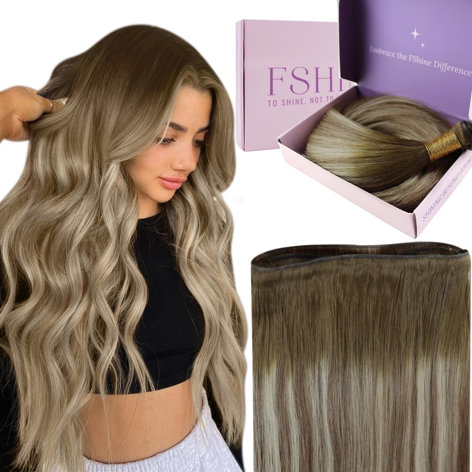 Fshine Hair Weft Extensions, Human Hair, 24 Inch, 60 g, Straight, Dark Brown Highlight Blonde, Add Length and Volume for Women — image 1