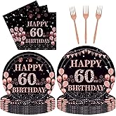 96Pcs 60th Rose Gold Birthday Party Supplies Include Birthday Plates and Napkins Forks 60 Years Old Birthday Decorations for Women 60th Birthday Disposable Party Favors Serves 24 Guests