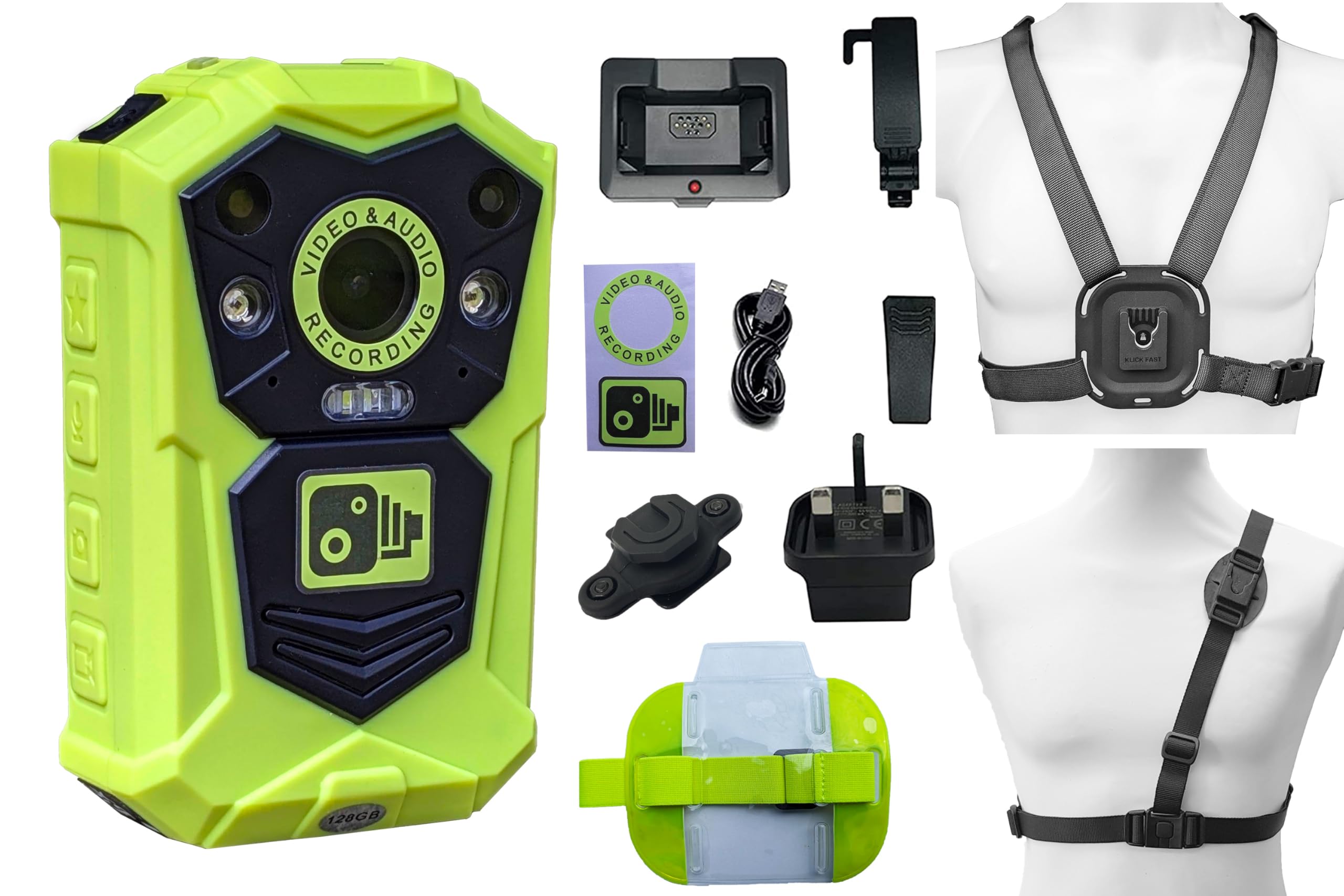 Brifield® BR1 NEO Body Camera - 128GB Ultra HD Wearable Bodycam, Professional Personal Protection, Doorman, Bouncer, SIA Neon Yellow Security Camera, Klick Fast Accessories