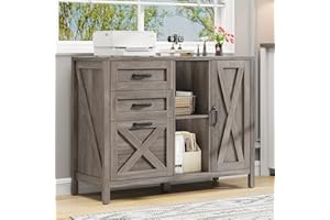 Vabches Lateral File Cabinet, Farmhouse 3 Drawer File Cabinet with Open Storage Shelf for Letter/Legal/A4 Size Hanging Files, Large Wood Storage Cabinets Printer Stand for Home Office, Grey