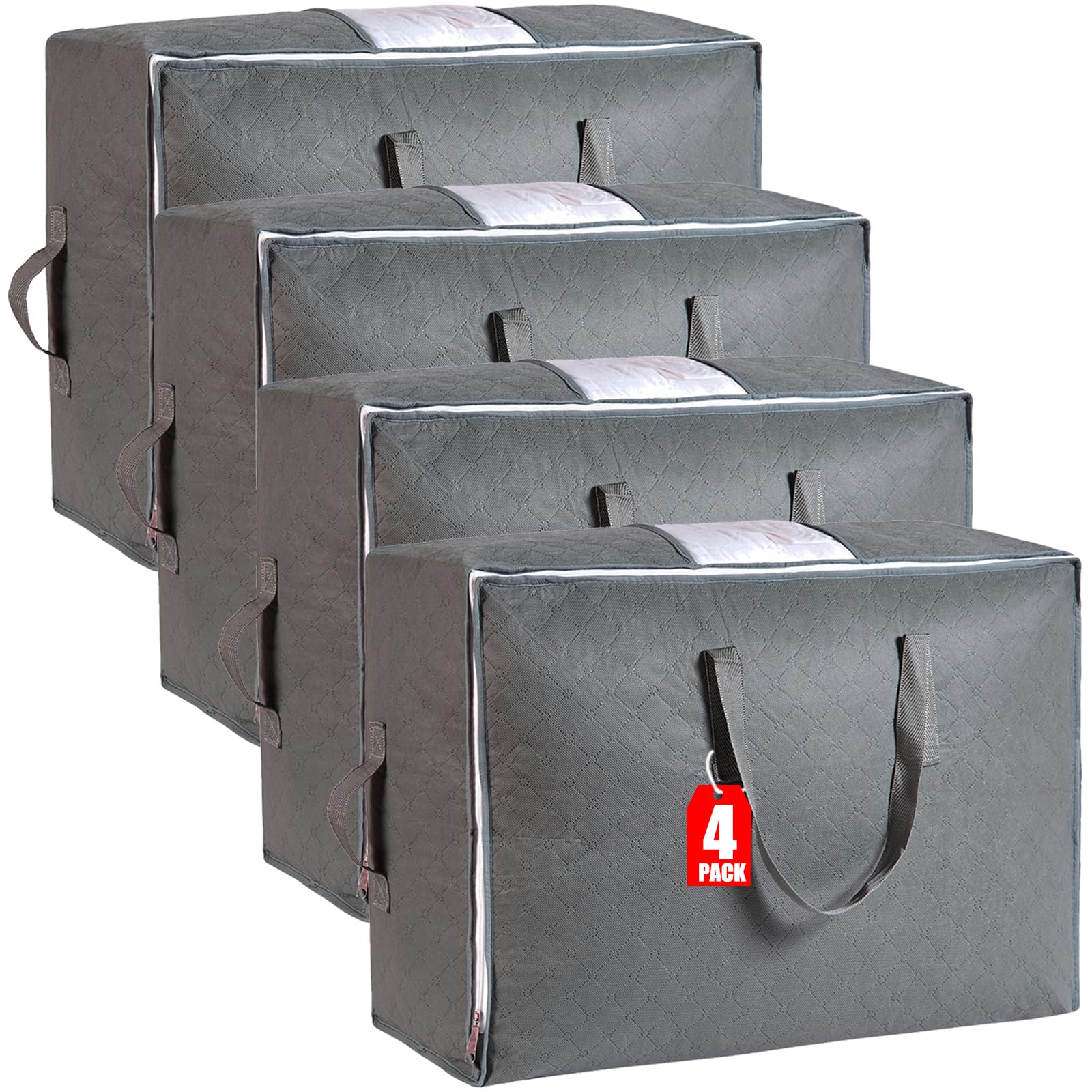 Photo 1 of 105L Extra Large Storage Bags for Blankets, King Comforters, Bedding, Clothes, Pillows, Sheets - Closet Organizers and Storage with 4 Handles & Clear Window, Foldable & Breathable (Grey, 4pack)