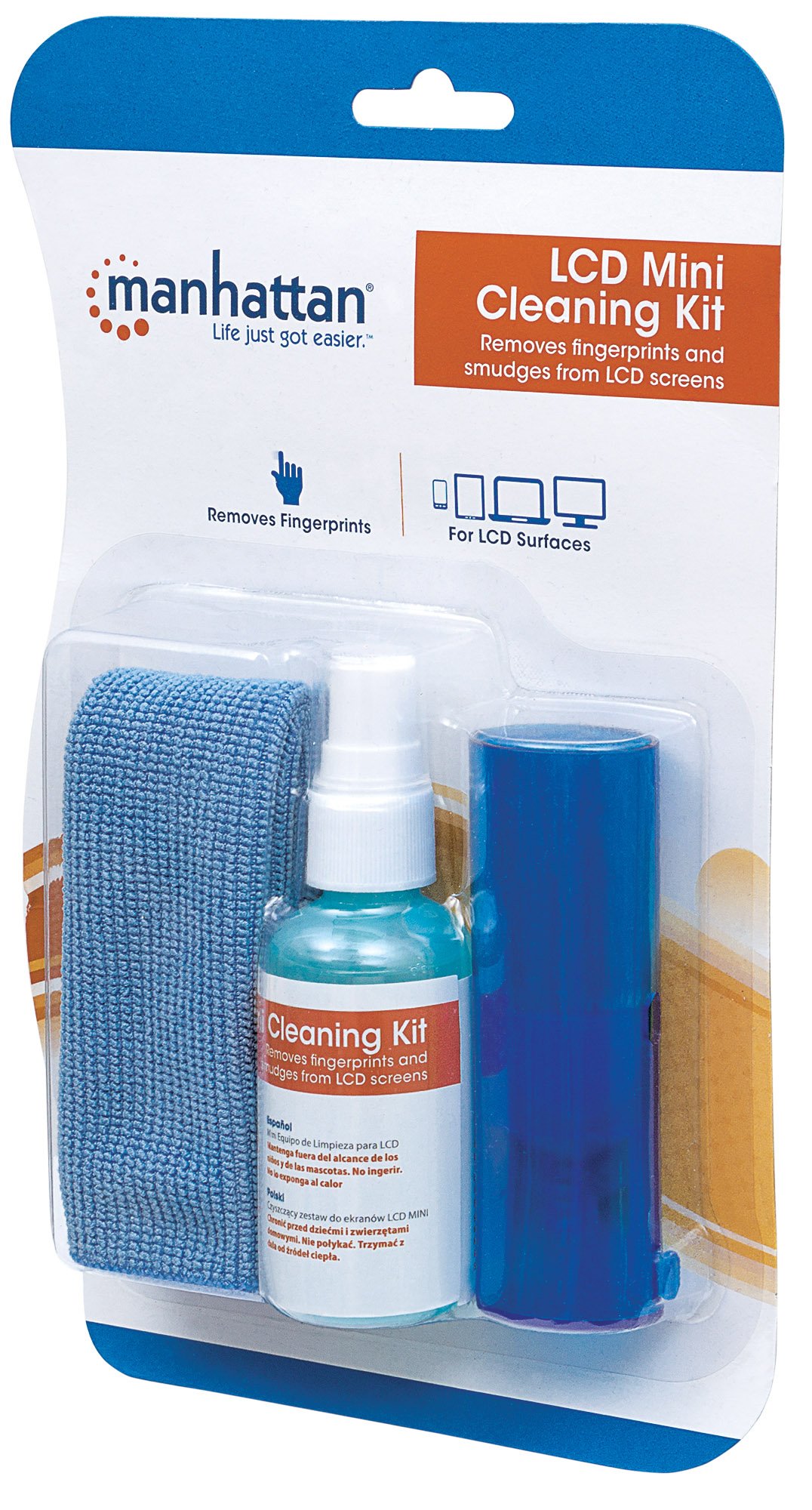 Manhattan LCD Cleaning Kit (mini), Alcohol-free, Includes Cleaning Solution (60ml), Brush and Microfibre Cloth, Ideal for use on monitors/laptops/keyboards/etc, Blister