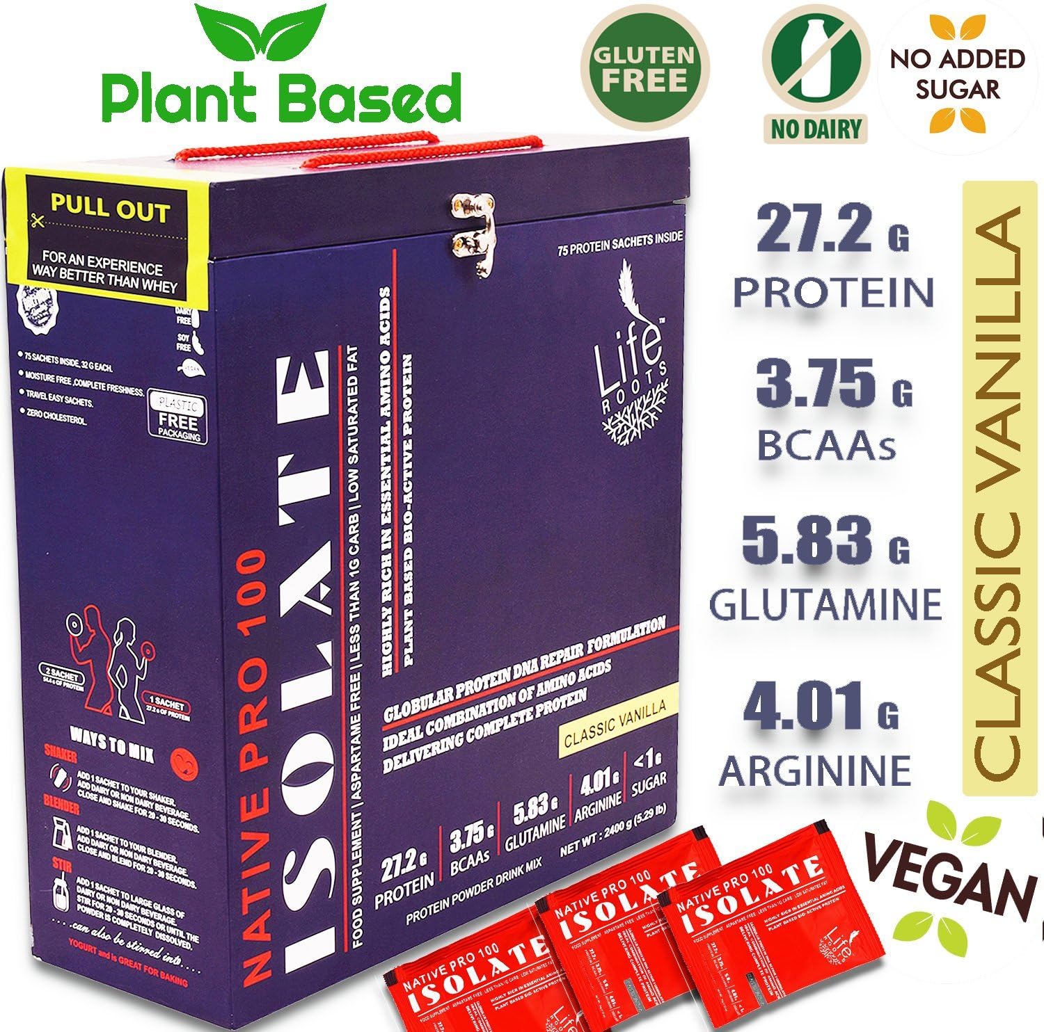 Life Roots Native Isolate Pro 100 Sport Plant-based Nutrition Protein Powder, 65 Sachet, Classic Vanilla 2080 g (4.59 lb)