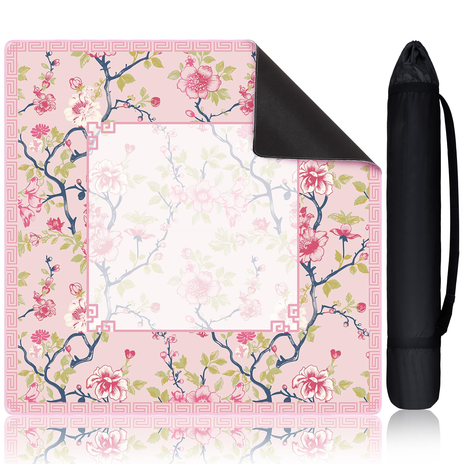 Photo 1 of Sonwyoung Chinoiserie Mahjong Mat with 1 Carrying Bag 31.5" x 31.5" Pink and White Rubber Anti Slip and Noise Reduction Multi Purpose Game Table Cover for Mahjong, Card, Board Tile Games