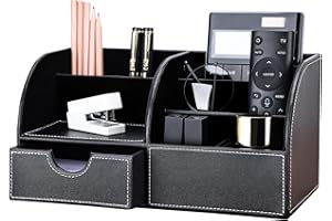 KINGFOM Pu Leather Desk Organizer Pen Pencil Holder Office Supplies Caddy Storage Box 6 Compartments with Drawer Black (Half 