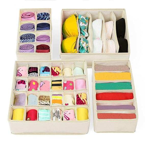 Juego de 4 Cajas Plegables Organizadores de Cajones para Almacenamiento y Organización de Ropa Interior, Bufandas, Pañuelos, Calcetines (Marrón)