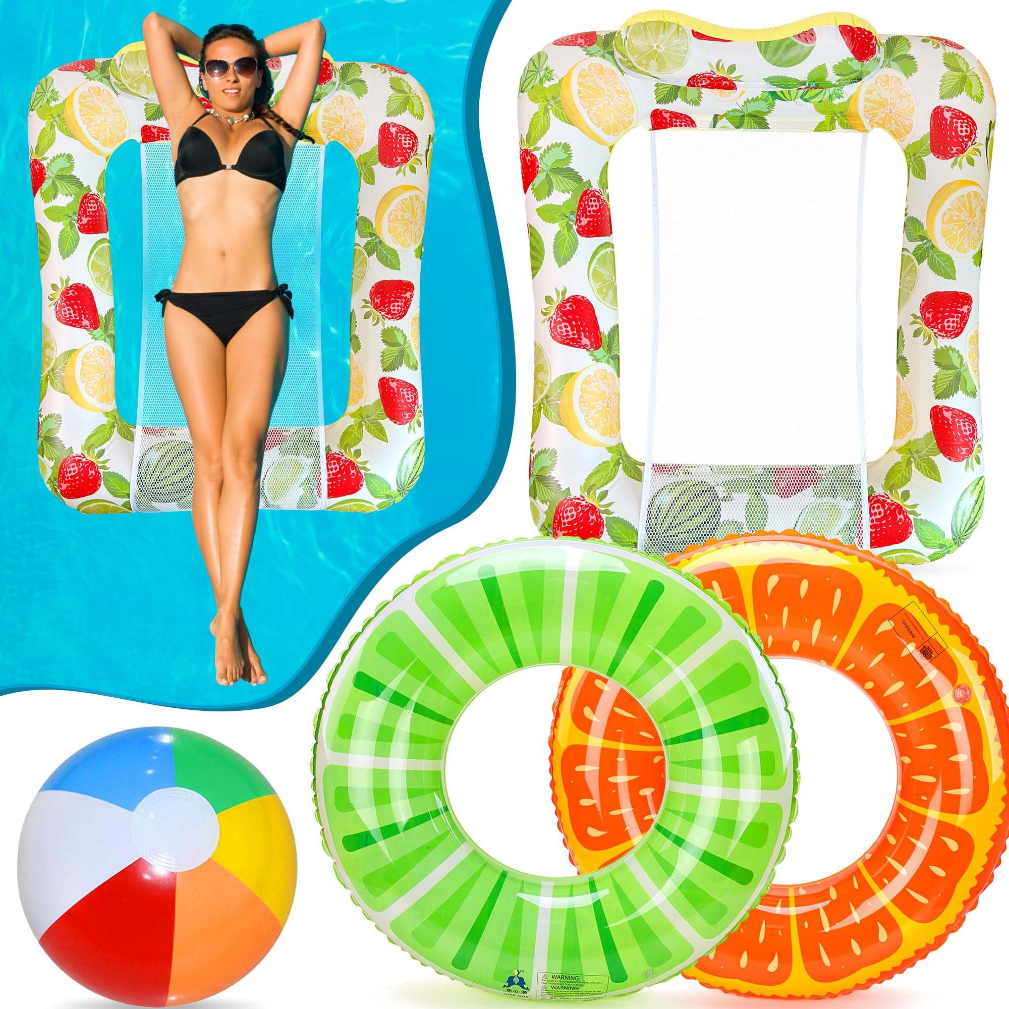 Lubibi Inflatable Pool Float Set, 4pcs Swimming Pool Inflatables with Float Pool Hammock, 2 Fruit Swimming Ring, Beach Ball, for Kids Adults, Family, Summer Pool Party