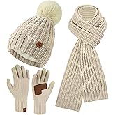 Womens Winter Warm Beanie Hat Long Neck Scarf Touchscreen Gloves Set Knit Skull Caps Pompom Fleece Gifts