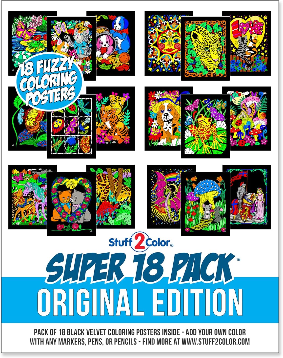 Posters & Prints - Super Pack of 18 Fuzzy Velvet Coloring Posters (Original Edition) - Great for Family Time Coloring, Arts, Crafts, Travel, School, Care Facilities [All Ages Fun: Girls, Boys, Adults, Kids] (1 Pack)