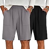 Riyiper 2 Pack Men's Big and Tall Linen Shorts, Drawstring Casual Shorts with Pockets Elastic Waist Beach Summer Shorts