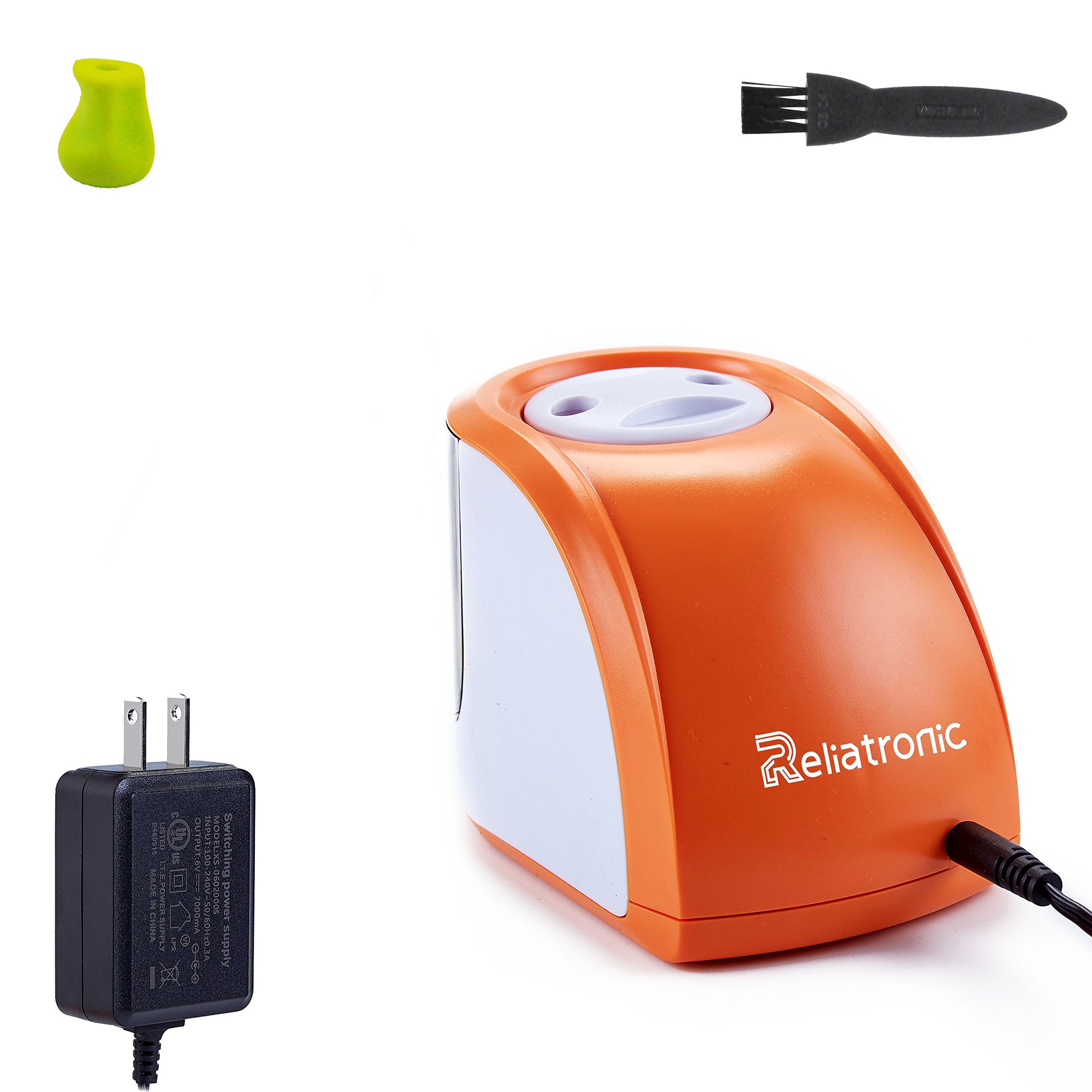 Reliatronic Electric Pencil Sharpener with 2 Holes, Especially Suitable for Colored Pencils, Both AC Powered and Battery Operated, Orange