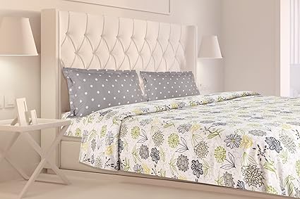 haus & kinder Tropical Floral Bloom, 100% Cotton, 144 Thread Count, Double Bedsheet with 2 Pillow Covers (Green)