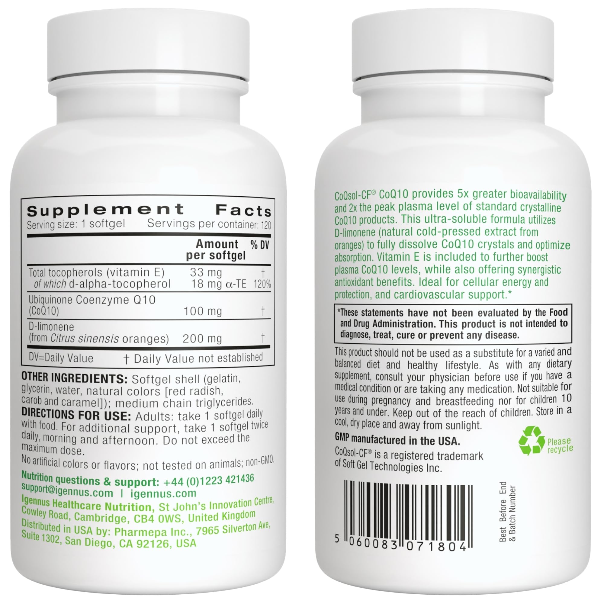 Igennus Advanced CoQ10 100mg, 5X Bioavailability CoQsol-CF Boosted with D-Limonene, 120 1-a-Day Servings, Heart & Energy, Ubiquinone Coenzyme Q10 & Vitamin E Antioxidant