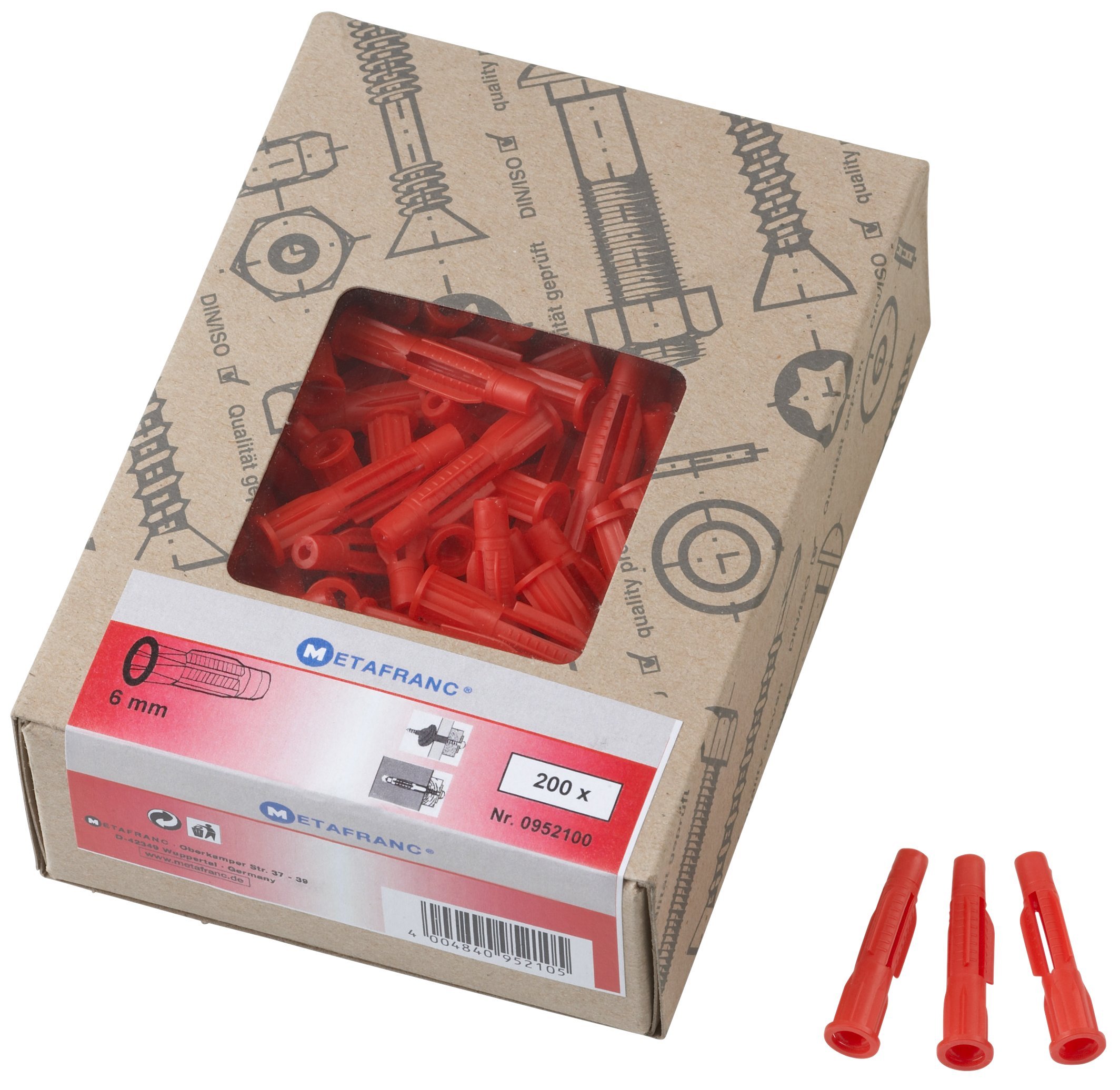 Metafranc 952100 Universal, Diameter, Pack of 200, for Attaching Solid and Hollow Building Materials, General Purpose, Expansion, Cavity Dowels, Trifles, Ø 6 mm
