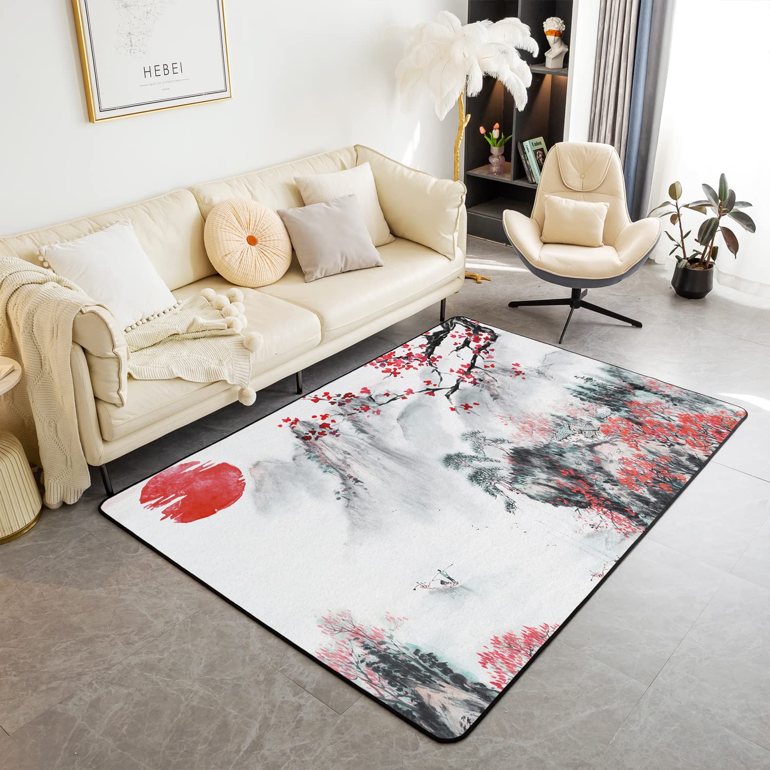 Japanese Style Area Rug Square Japanese Ukiyoe Accent Rug Home Decor Traditional Retro Theme Decorative Rug Living Room Bedroom 100 * 150cm