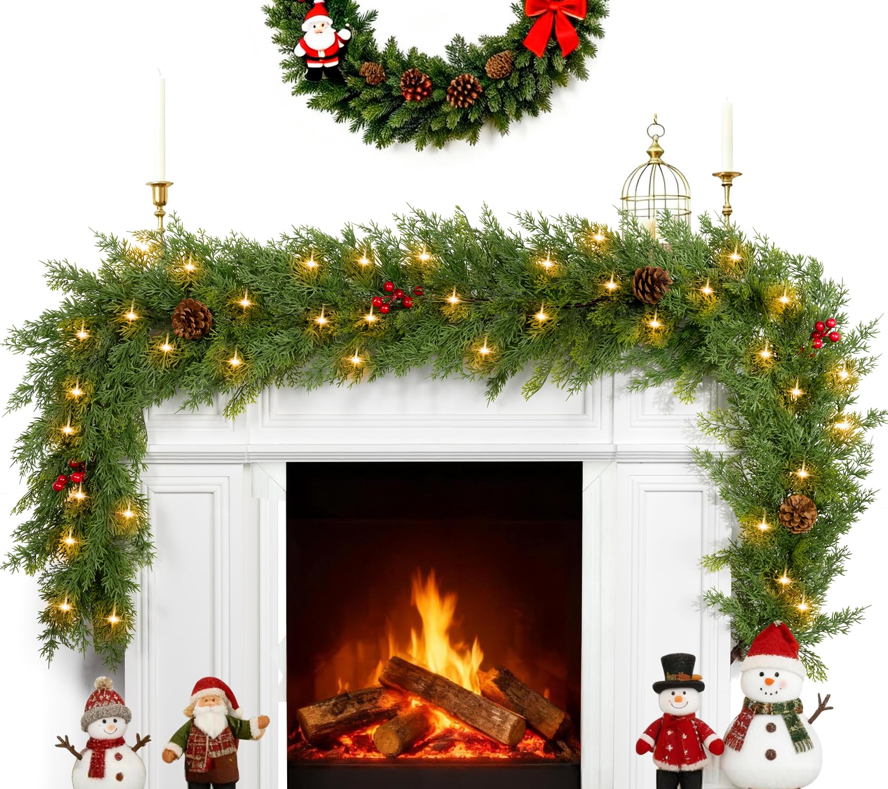Photo 1 of 6.5FT Christmas Garland with Lights & Timer,Realistic Green Cedar Garland Battery Operated with Pinecones,Red Berry,Lush Pine Needle Cypress Garland for Mantle,Table,Fireplace,Stairs Railing,Door
